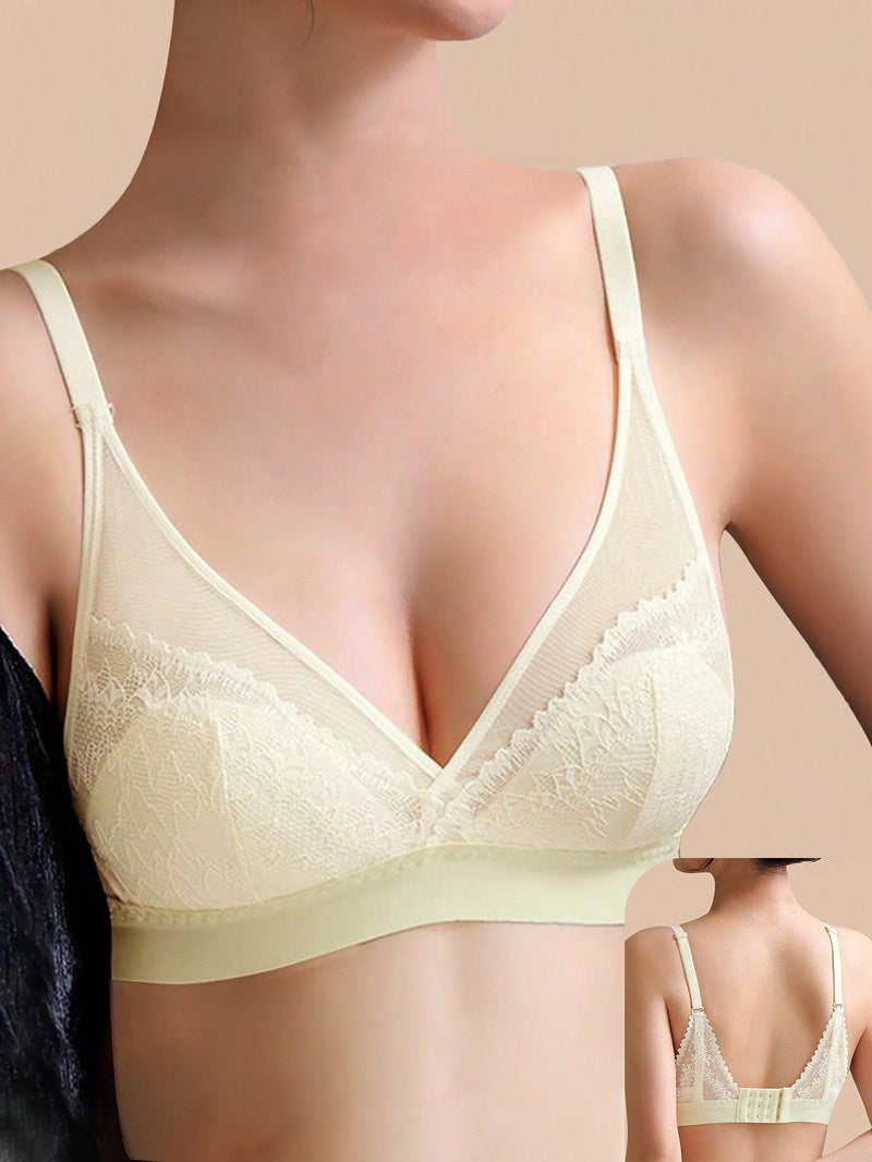 Sujetadores franceses de copa triangular para mujeres, sujetador de espalda hermosa, bralette sexy de encaje profundo escote en V, lenceria femenina comoda e intima, con relleno delgado sin alambre y ajustable en color amarillo.