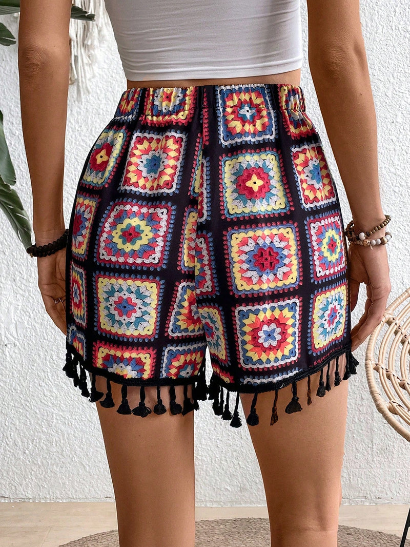 VCAY Shorts de corte aleatorio para vacaciones y tiempo libre con impresion floral de crochet, dobladillo de borlas