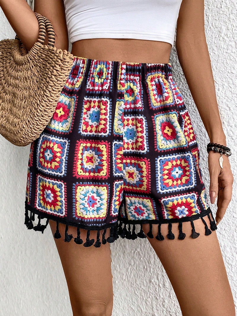 VCAY Shorts de corte aleatorio para vacaciones y tiempo libre con impresion floral de crochet, dobladillo de borlas