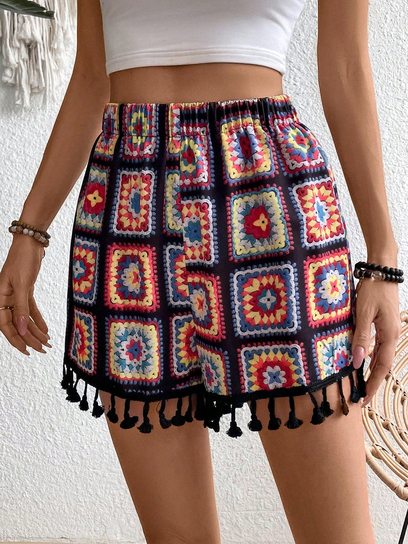 VCAY Shorts de corte aleatorio para vacaciones y tiempo libre con impresion floral de crochet, dobladillo de borlas