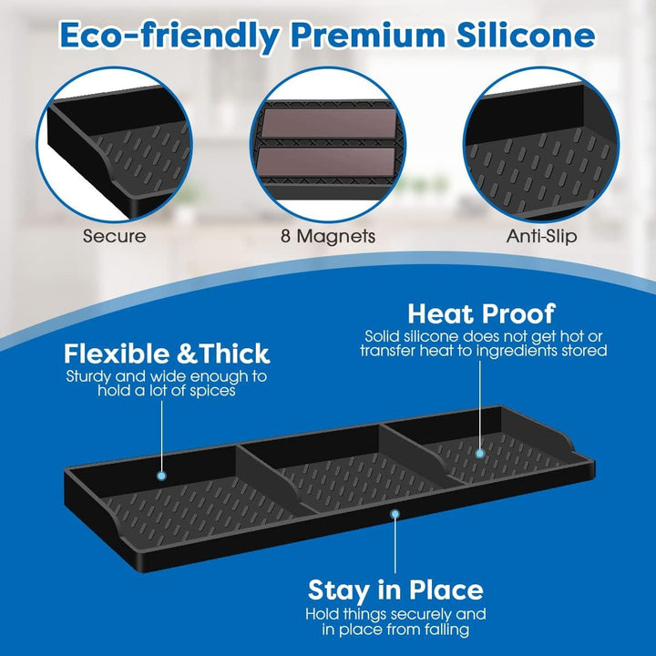 Estantería magnética de silicona para cocina de 30 pulgadas, organizador de almacenamiento abierto no de madera, duradero y apto para lavavajillas, especiero sin electricidad para huecos/hornos planos, con fuerte respaldo magnético - Negro