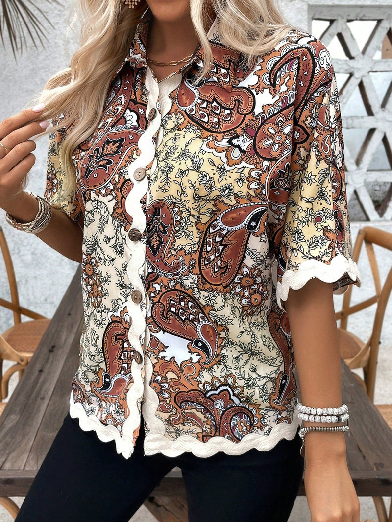 Camisa elegante de verano para mujeres con cuello de solapa vuelto y botones frontales con estampado completo