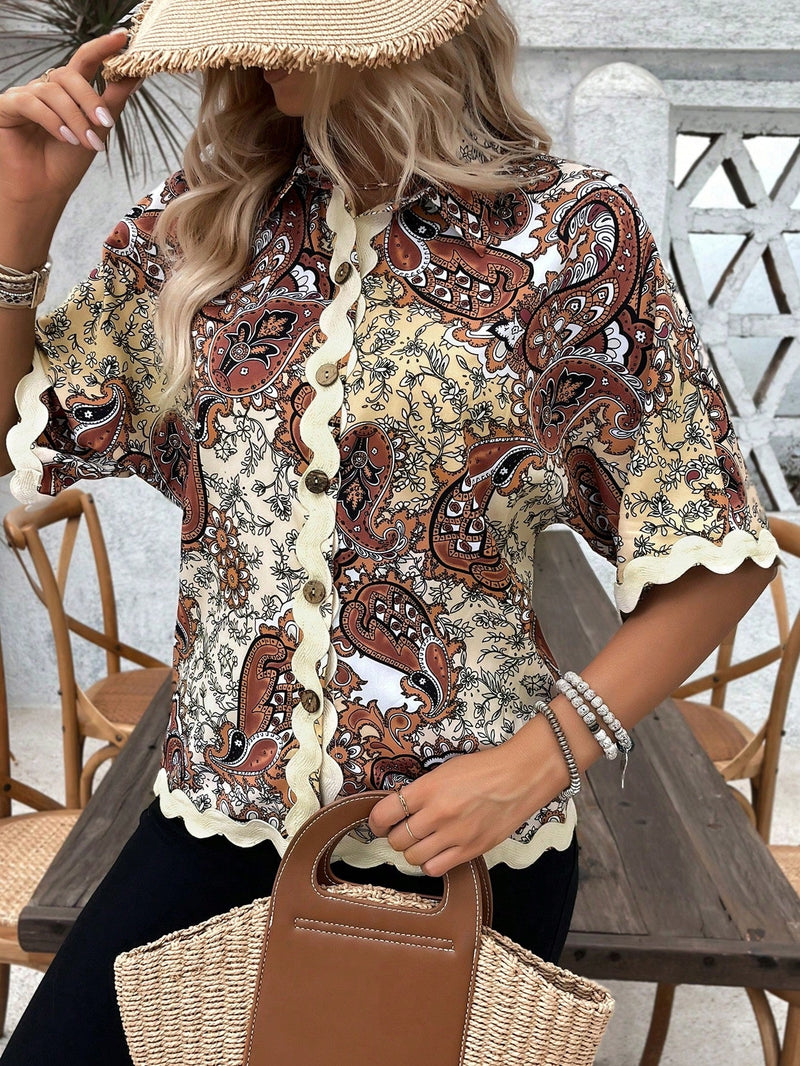 Camisa elegante de verano para mujeres con cuello de solapa vuelto y botones frontales con estampado completo