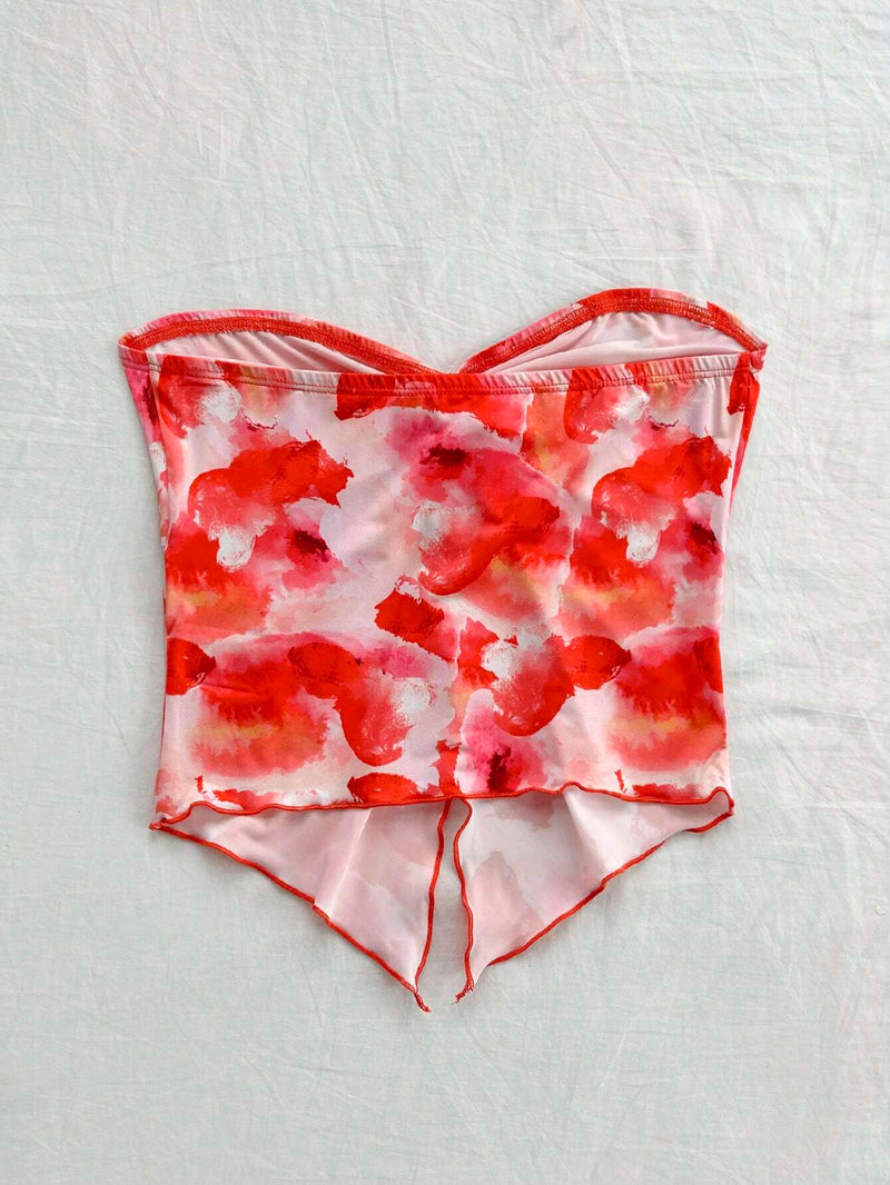 WYWH Top abstracto floral rojo con tie-dye y sin tirantes para mujer con abertura frontal, hecho de comoda seda de hielo, adecuado para la temporada de te de la tarde o graduacion.