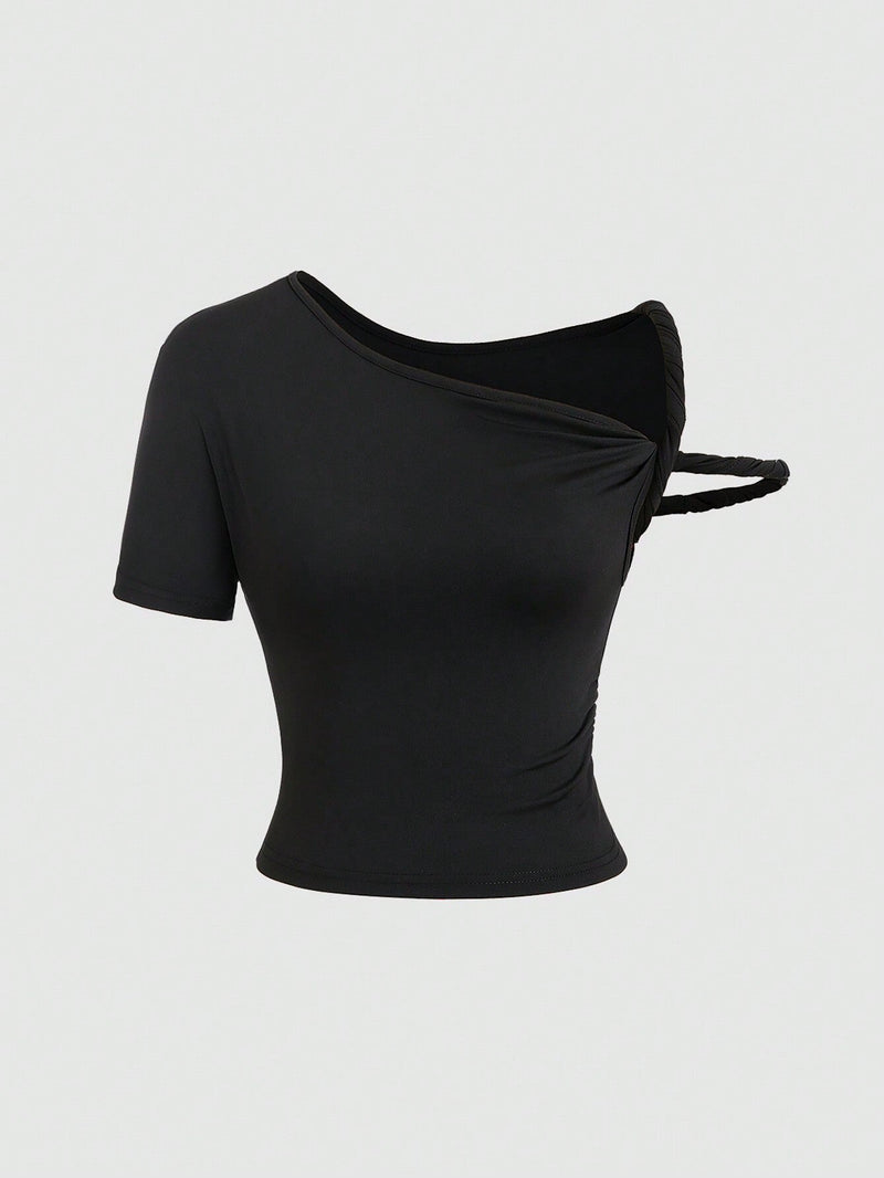 EZwear Top asimetrico sencillo de un solo color para mujeres