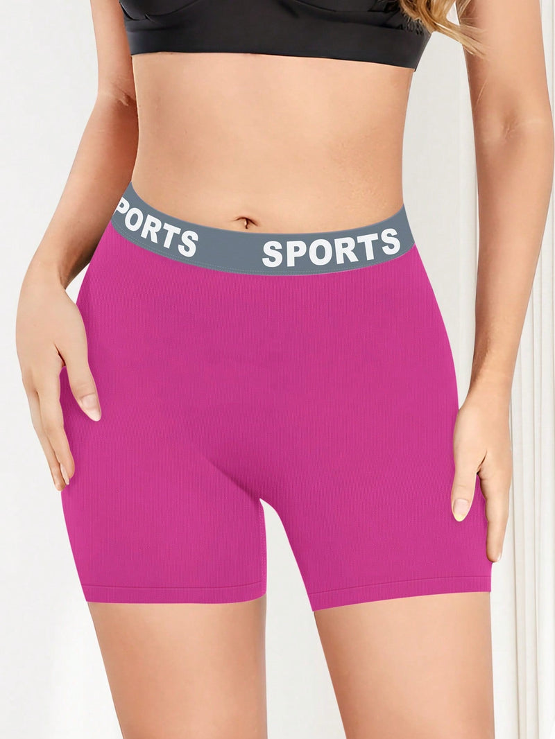 Pantalones cortos de ciclismo para mujeres, calzoncillos deportivos con artesania sin costuras, colision de colores de moda, cinturilla con letras, ajuste comodo, cintura alta