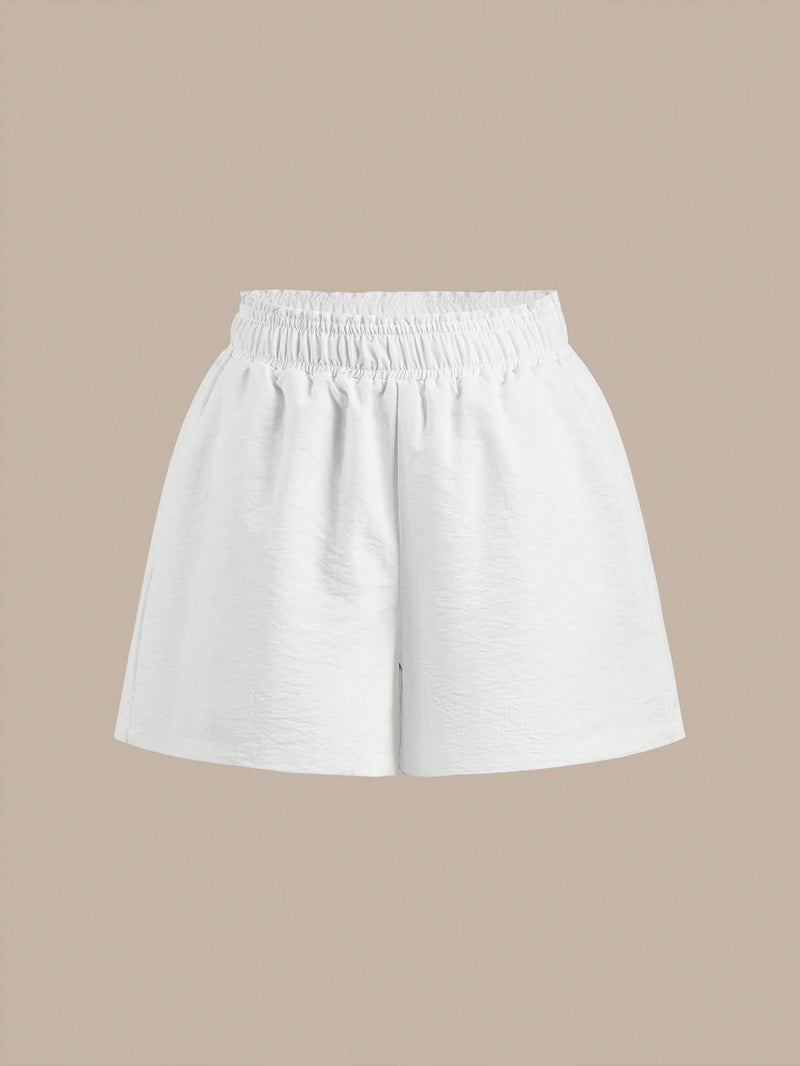 BASICS Shorts casuales tejidos solidos de cintura alta y pierna ancha para mujeres