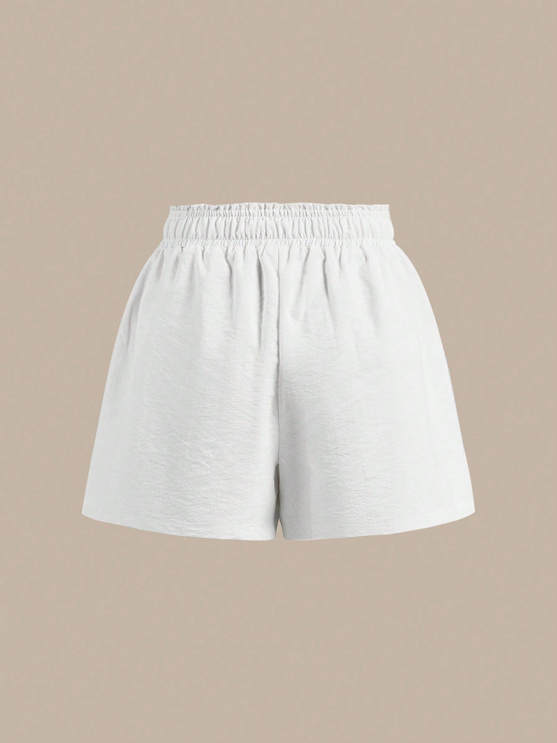 BASICS Shorts casuales tejidos solidos de cintura alta y pierna ancha para mujeres