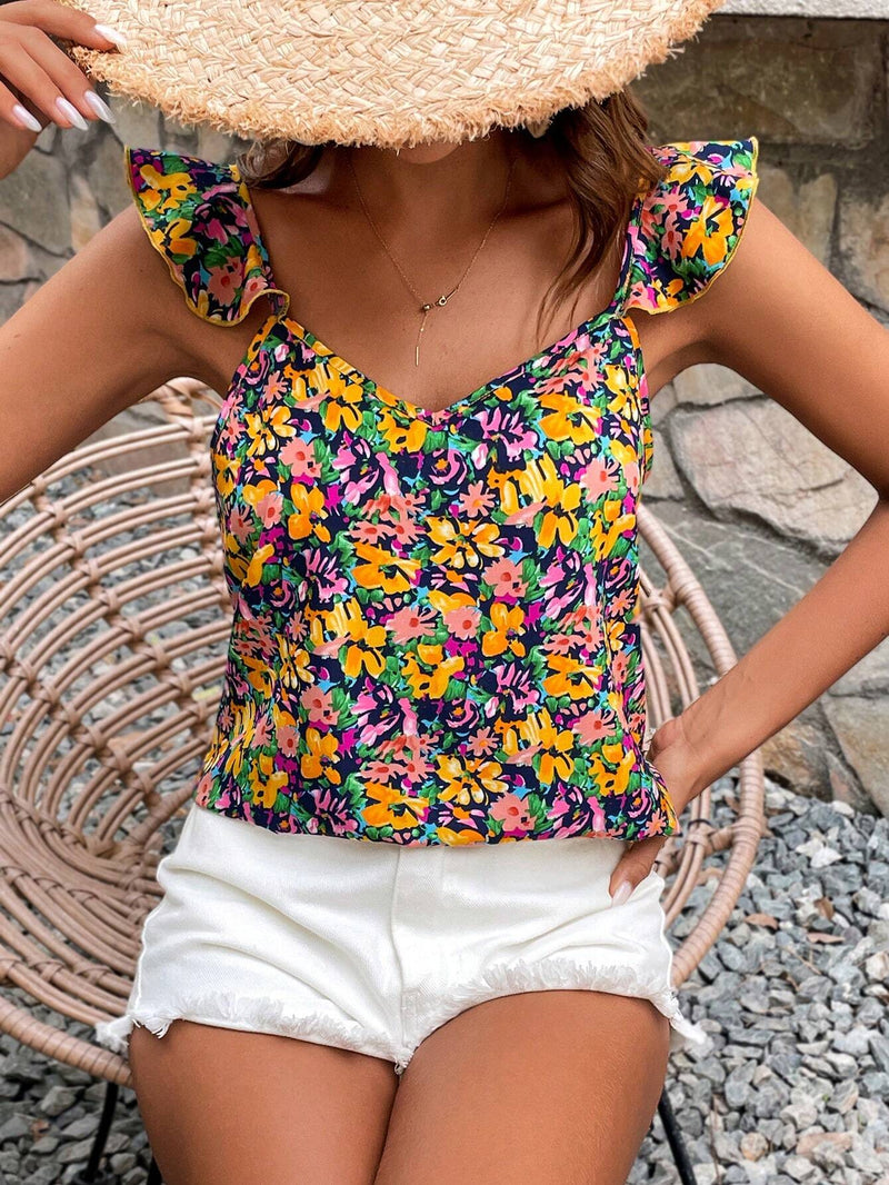 Frenchy Top de manga voladora con estampado floral para mujeres, estilo de vacaciones Bridgerton