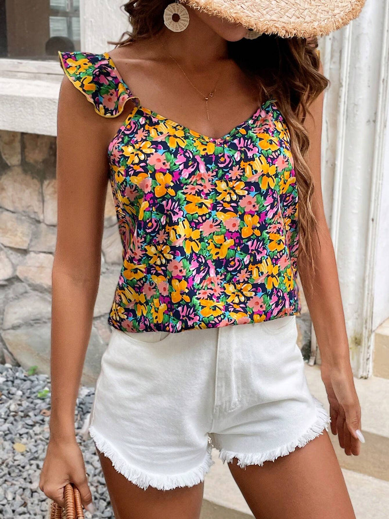 Frenchy Top de manga voladora con estampado floral para mujeres, estilo de vacaciones Bridgerton