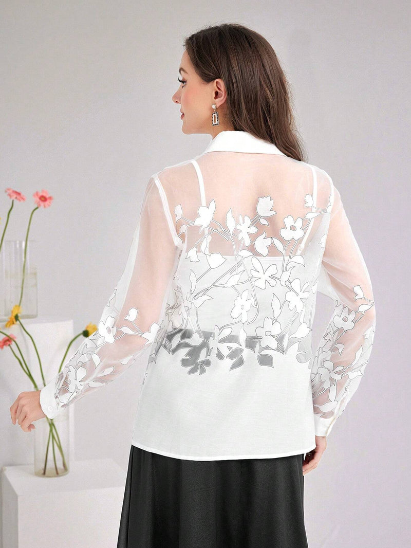 Blusa elegante de manga larga transparente estampada con flores para el verano