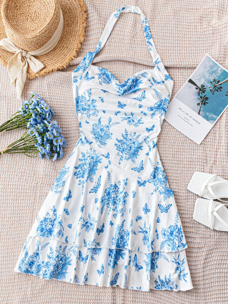 Wywh vestido corto de doble capa con cuello halter y base blanca con flores azules para mujer de vacaciones