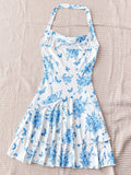 Wywh vestido corto de doble capa con cuello halter y base blanca con flores azules para mujer de vacaciones