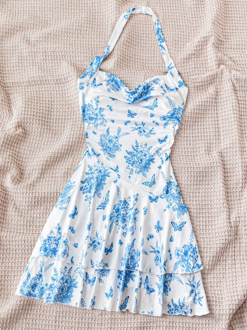 Wywh vestido corto de doble capa con cuello halter y base blanca con flores azules para mujer de vacaciones