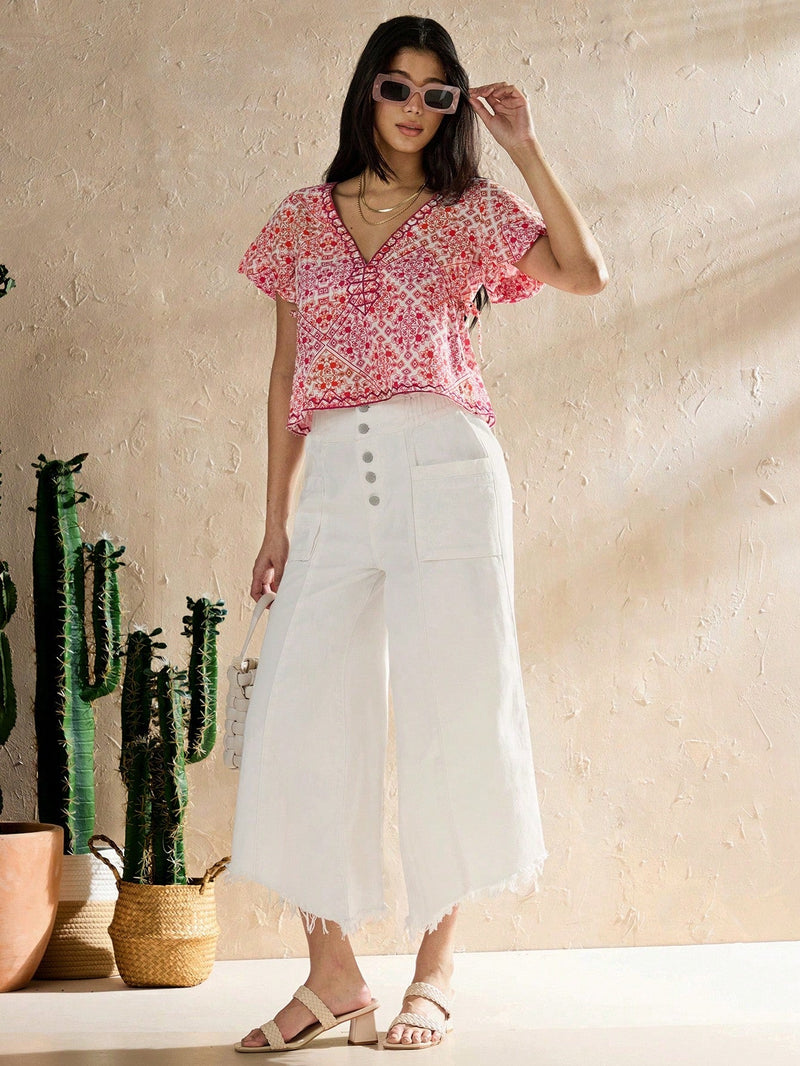 Forever 21 Jeans blancos de pierna ancha con flecos estilo vacaciones del oeste para mujeres, verano