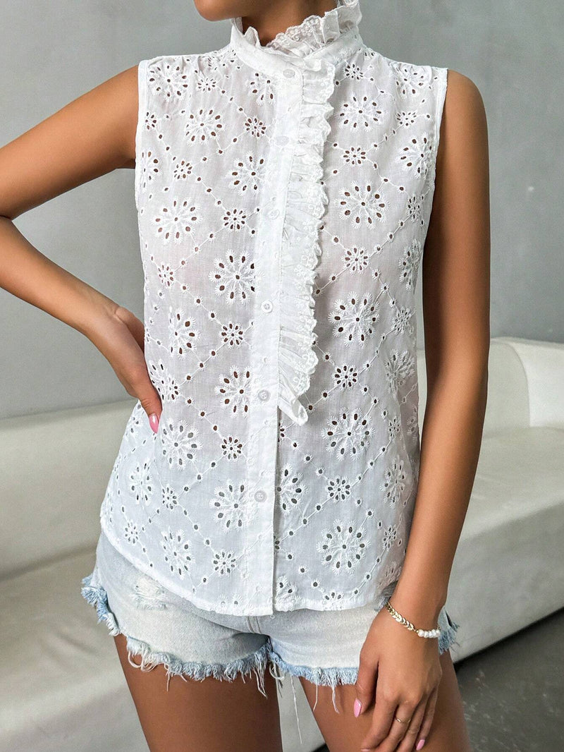 Essnce Camisa casual de verano blanca con dee de bordado y sin mangas y volantes