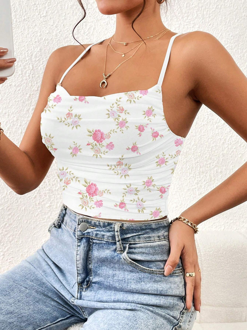 Top corto de verano para mujer, estampado de flores diminutas con fruncido y ajuste cenido con tirantes, lindo top de verano, Top blanco para mujer, camiseta sin mangas, top de cami para mujer para el verano