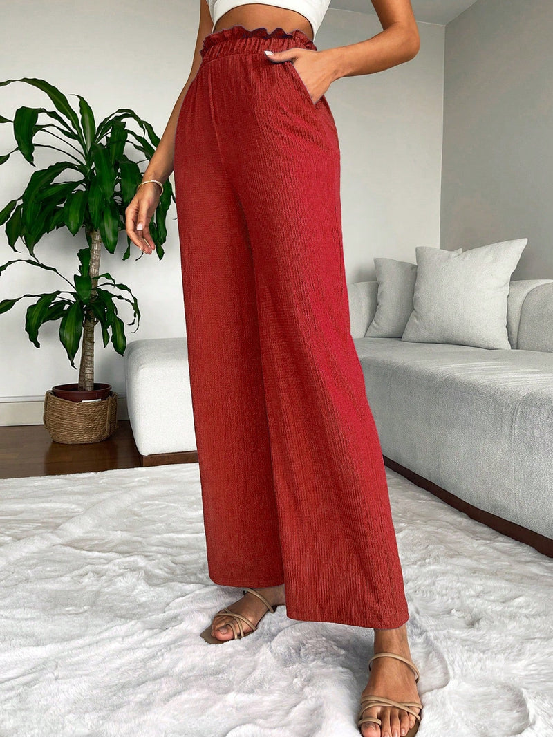 2 piezas pantalon para mujer de cintura alta y pierna ancha en unicolor marron y negro, casual y minimalista con un sentido de la caida