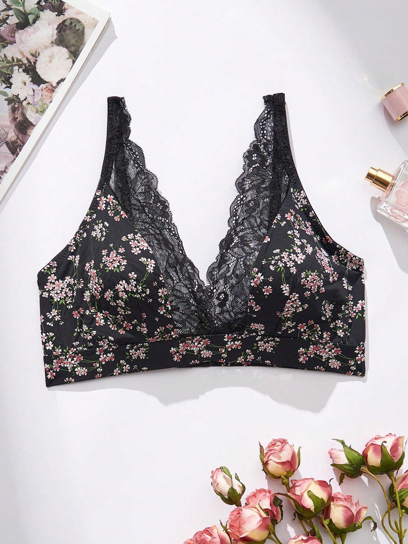 Bralette inalambrico para damas con encaje, patchwork y estampado floral