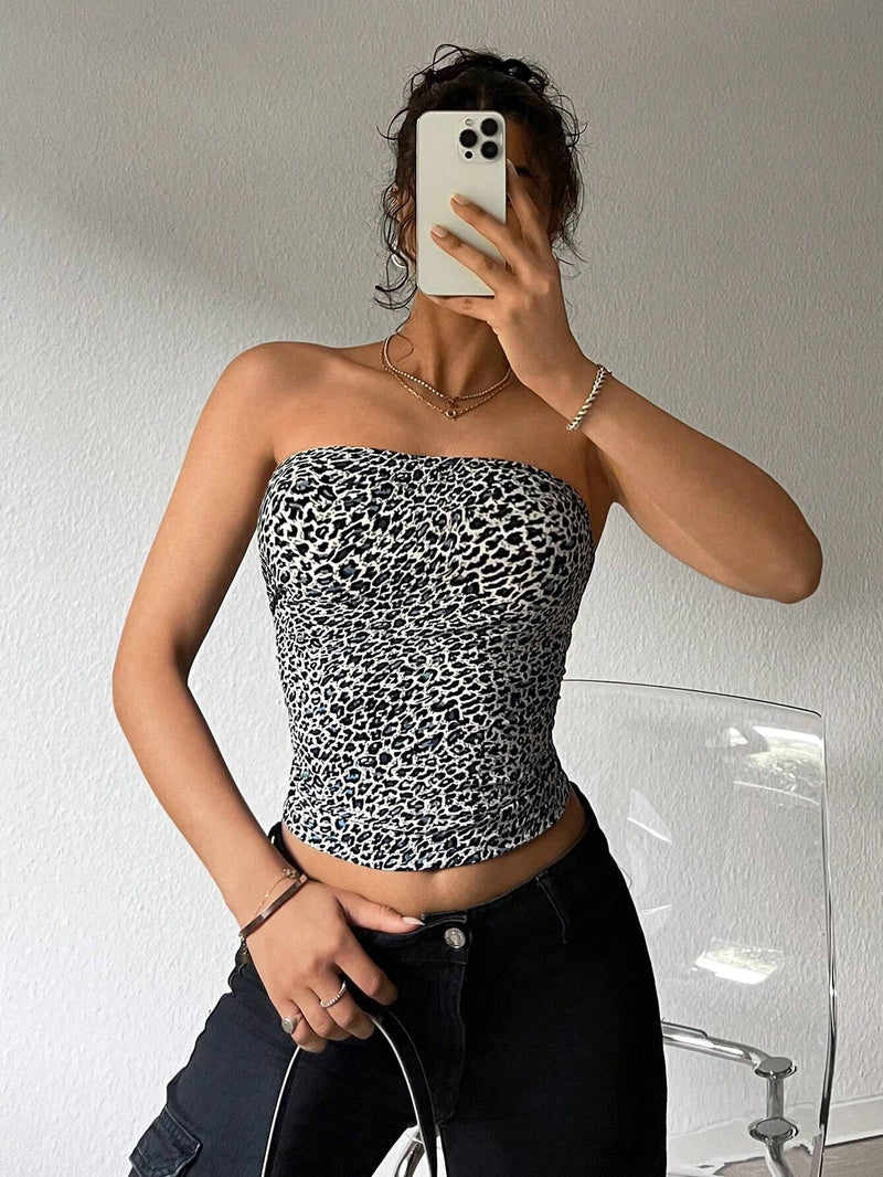 EZwear Top de tubo estampado de leopardo ajustado para mujer, casual de verano