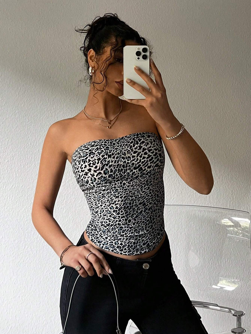 EZwear Top de tubo estampado de leopardo ajustado para mujer, casual de verano