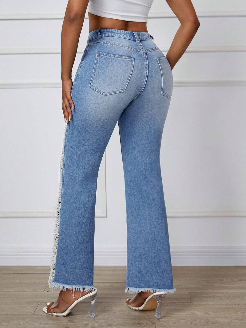 SXY Jeans acampanados casuales para mujer con parches desgastados y dobladillo deshilachado