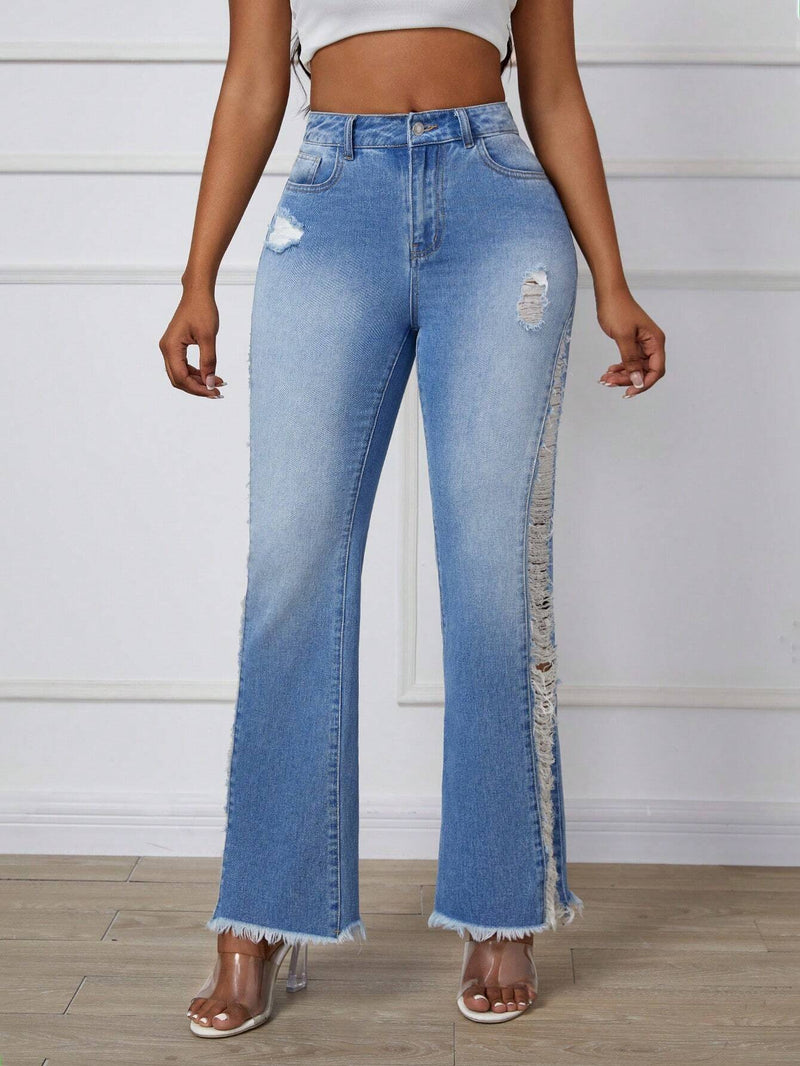 SXY Jeans acampanados casuales para mujer con parches desgastados y dobladillo deshilachado