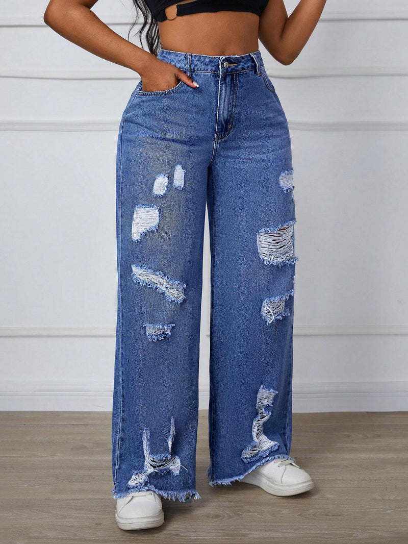 SXY Jeans de pierna ancha deshilachados y con bolsillos con ajuste casual para mujer