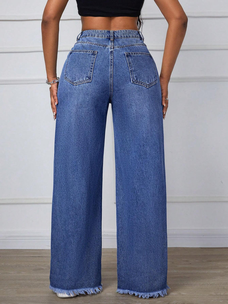 SXY Jeans de pierna ancha deshilachados y con bolsillos con ajuste casual para mujer