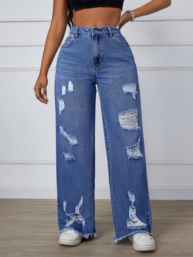 SXY Jeans de pierna ancha deshilachados y con bolsillos con ajuste casual para mujer