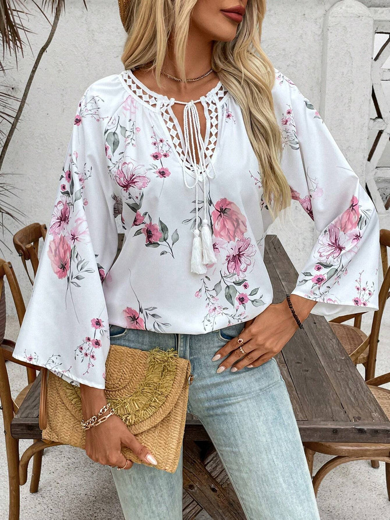 Blusa suelta floral con cuello de lazo para mujer de primavera/verano