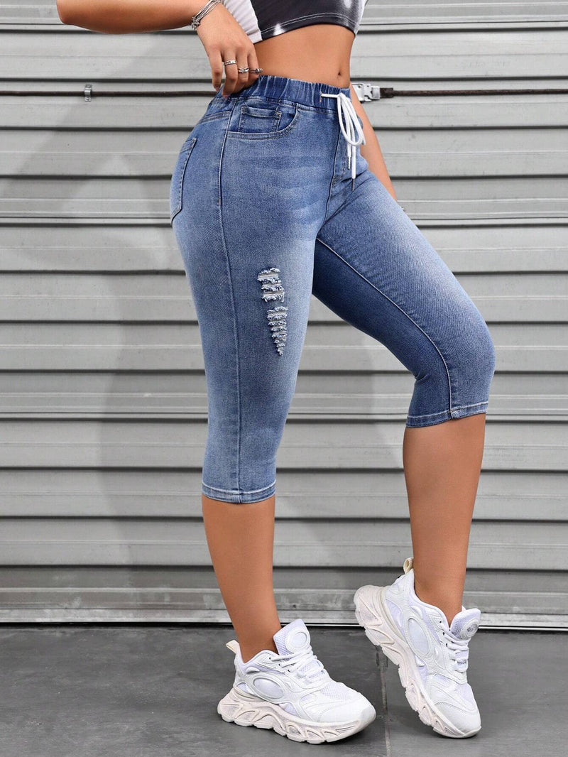 Jeans desgastados de mujer con cordon ajustable y bolsillos, pantalones informales Capri para verano