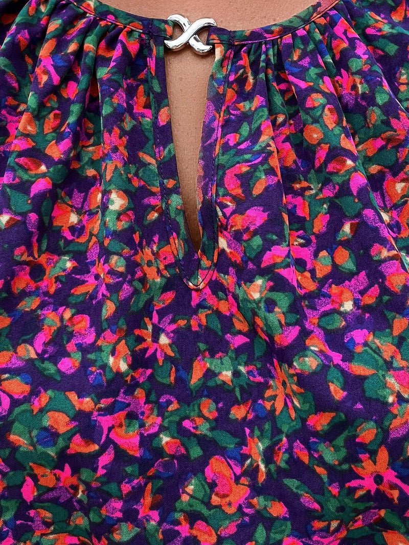 Camisa morada sin mangas con flores pequenas para mujer, informal de verano para vacaciones o trabajo de maestra