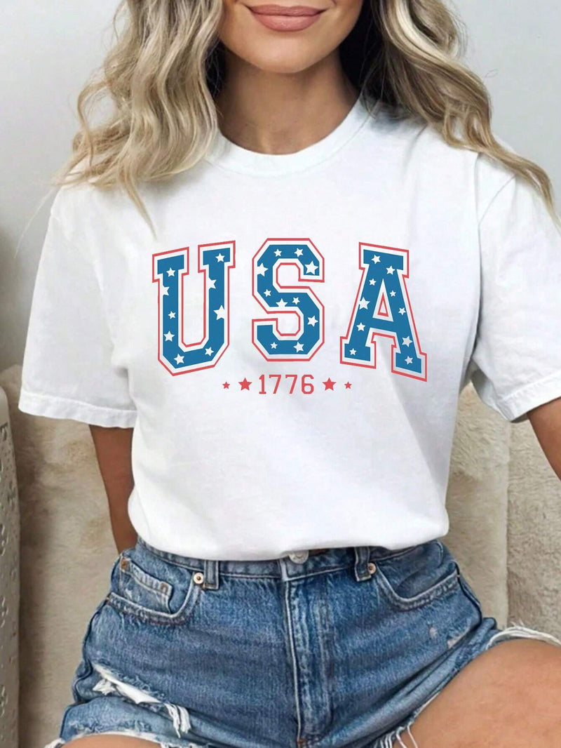 Camiseta de mujer con estampado de manga corta con eslogan del Dia de la Independencia de los Estados Unidos