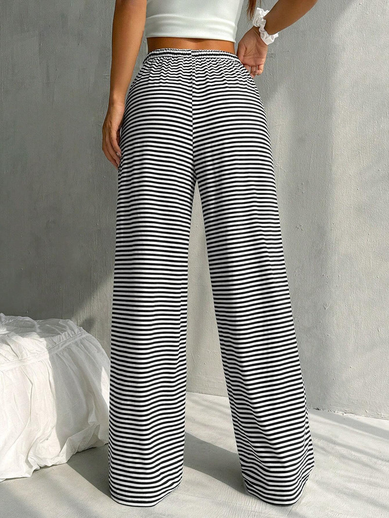 EZwear Pantalones casuales para mujeres con cintura elastica y estampado de rayas en blanco y negro