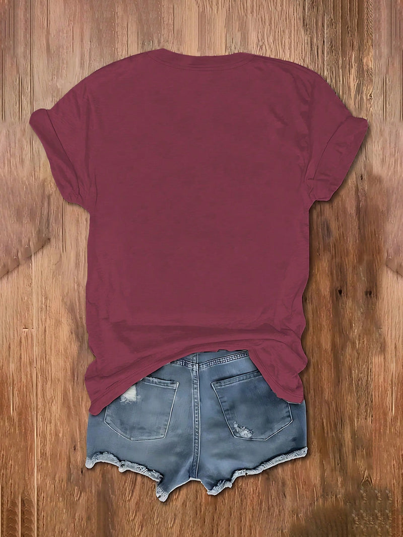 LUNE Camiseta de mujer de verano con estampado de sol y letra, informal con cuello redondo y manga corta para primavera / verano