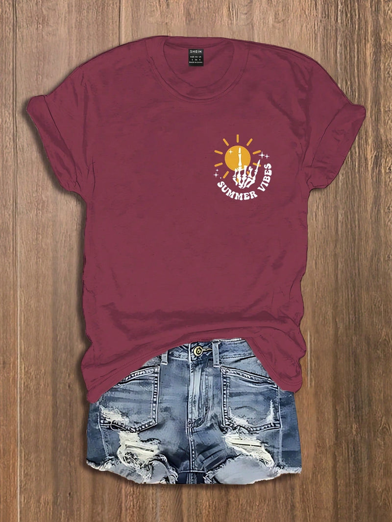 LUNE Camiseta de mujer de verano con estampado de sol y letra, informal con cuello redondo y manga corta para primavera / verano