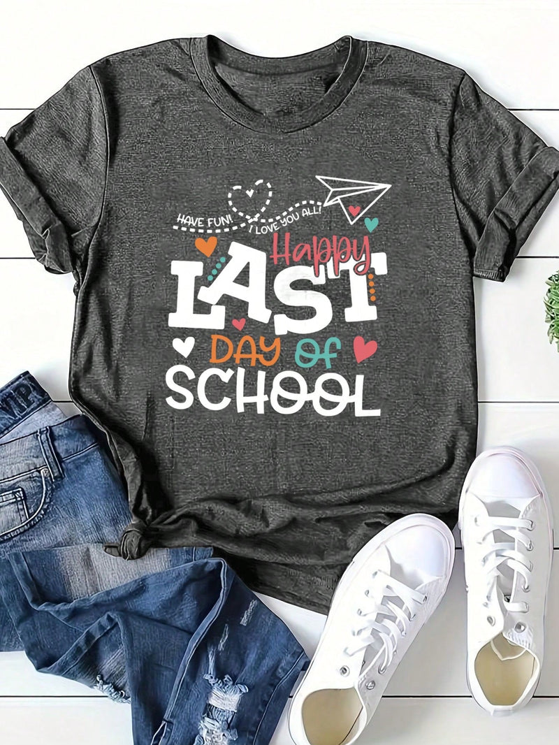 LUNE Camiseta del ultimo dia de escuela, camiseta de la temporada de graduacion para mujer de cuello redondo con mangas cortas y estampado de letras, top informal de verano