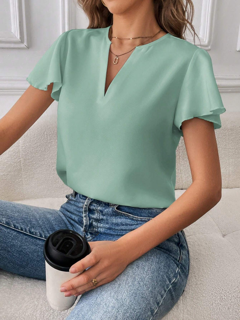 Essnce Camisa casual de mujer con cuello en V y solapa con unicolor para el trabajo diario