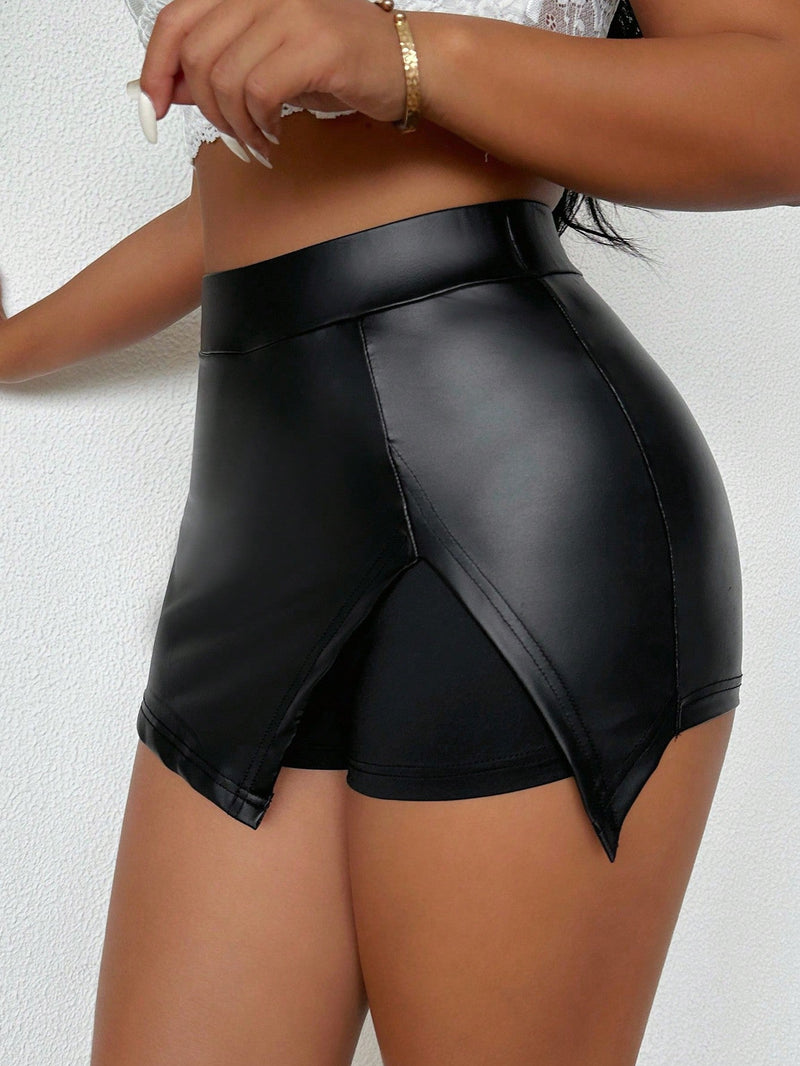 SXY Shorts ajustados de PU sexy para mujer de unicolor con dobladillo dividido