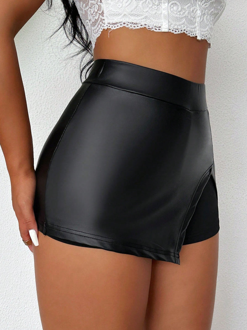 SXY Shorts ajustados de PU sexy para mujer de unicolor con dobladillo dividido