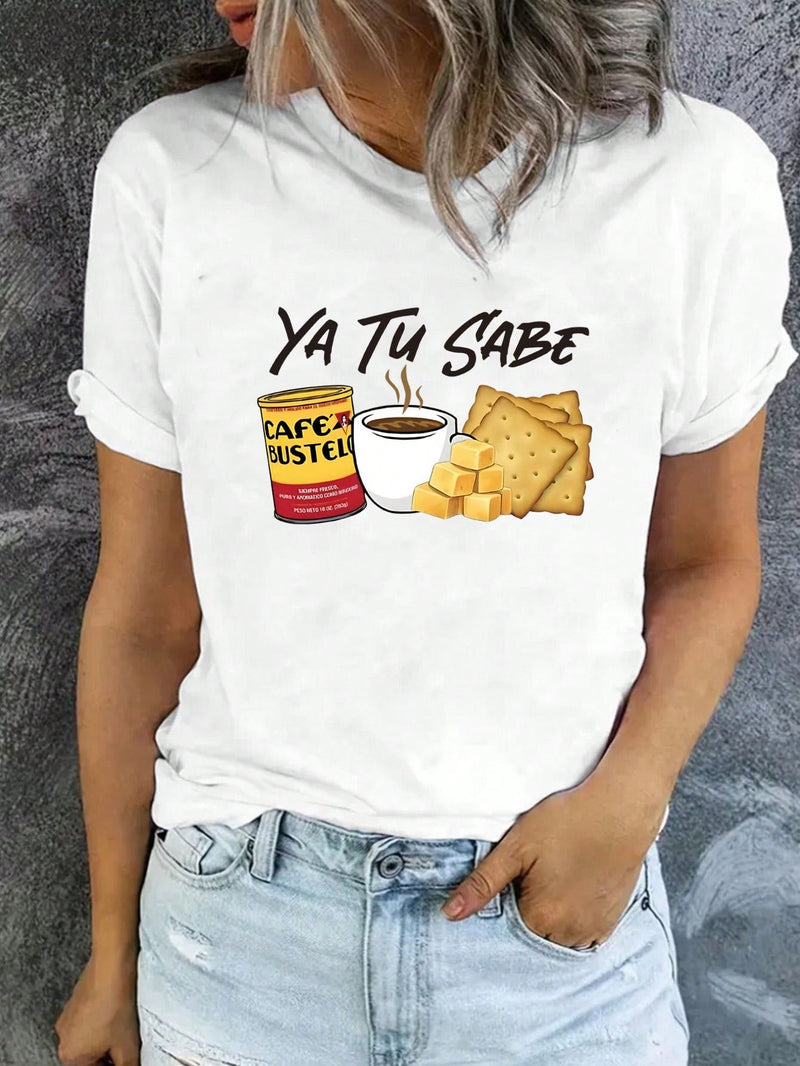 LUNE Camiseta Cafecito Cheese & Cookies, camisa Ya Tu Sabe, camiseta impreso con patron de comida para mujeres, top casual de manga corta y cuello redondo para el verano