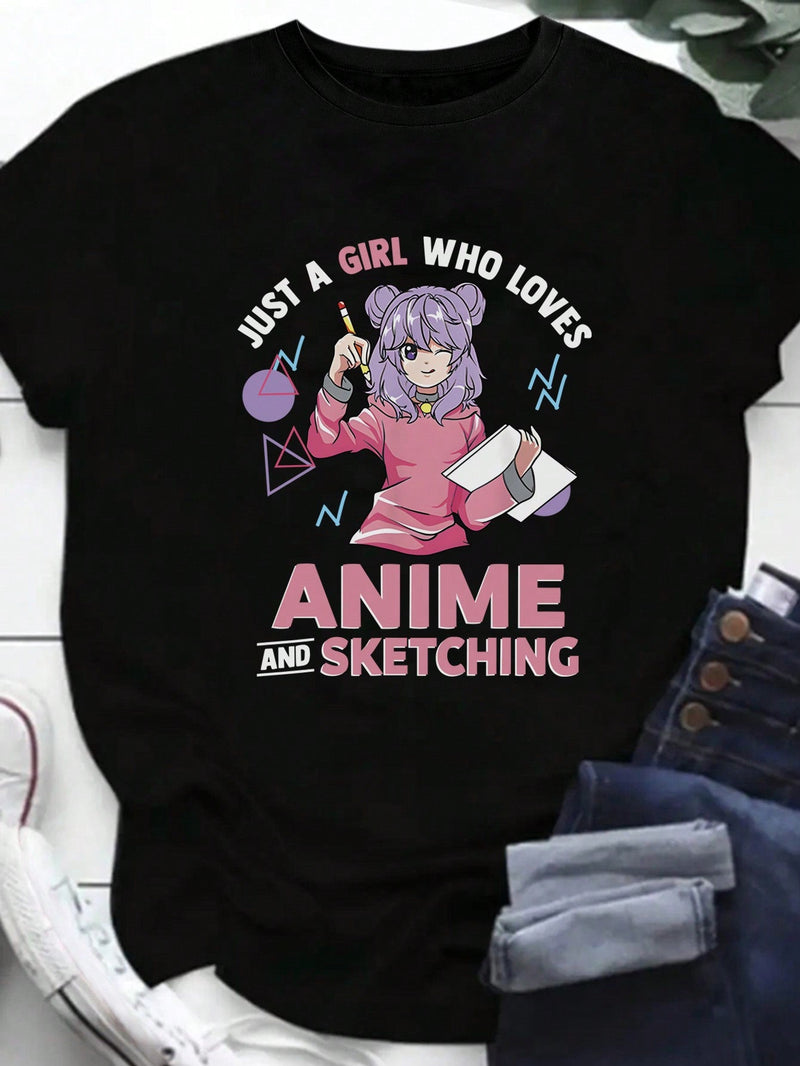 Qutie Camiseta de dibujos animados para mujeres, camiseta de anime para adolescentes, camiseta de combinacion de letras y graficos con amor por el anime y dibujos impresos, camiseta casual de manga corta con cuello redondo para mujeres en verano.