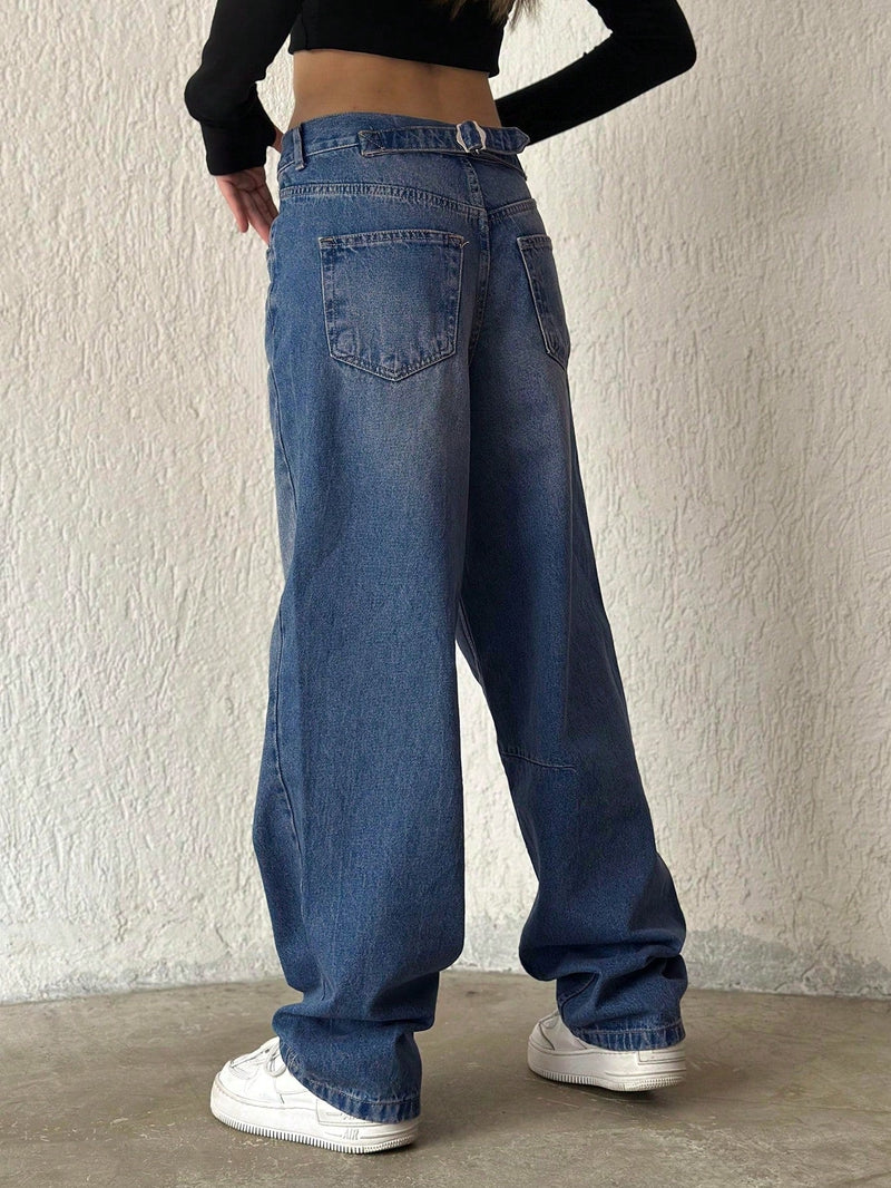 Jeans de pierna ancha holgada y cintura alta ajustable