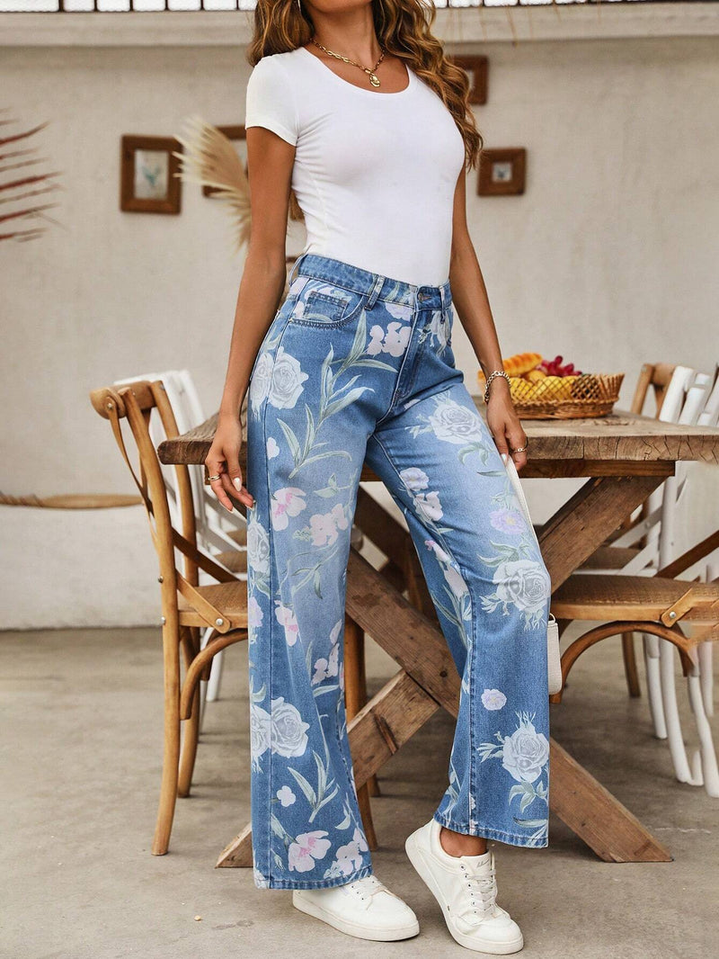 LUNE Jeans de pierna recta para combinar en el uso diario de mujeres con patron floral