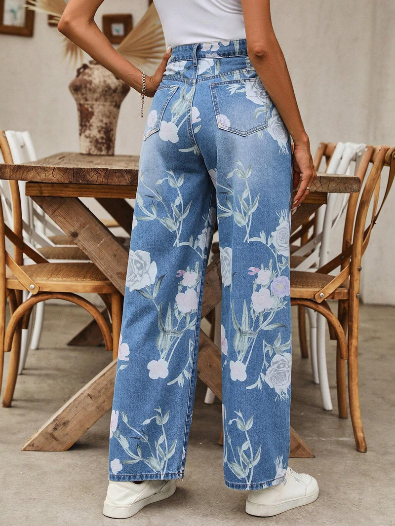 LUNE Jeans de pierna recta para combinar en el uso diario de mujeres con patron floral