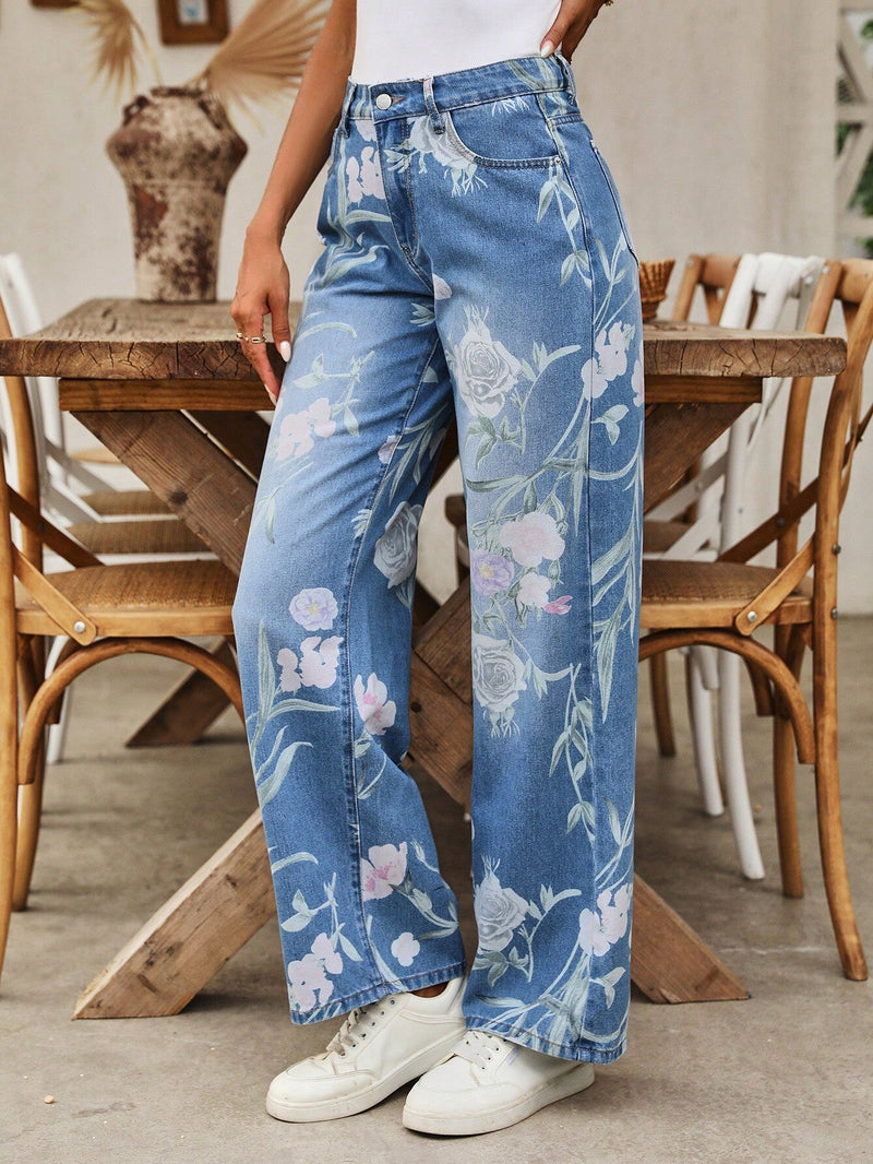 LUNE Jeans de pierna recta para combinar en el uso diario de mujeres con patron floral