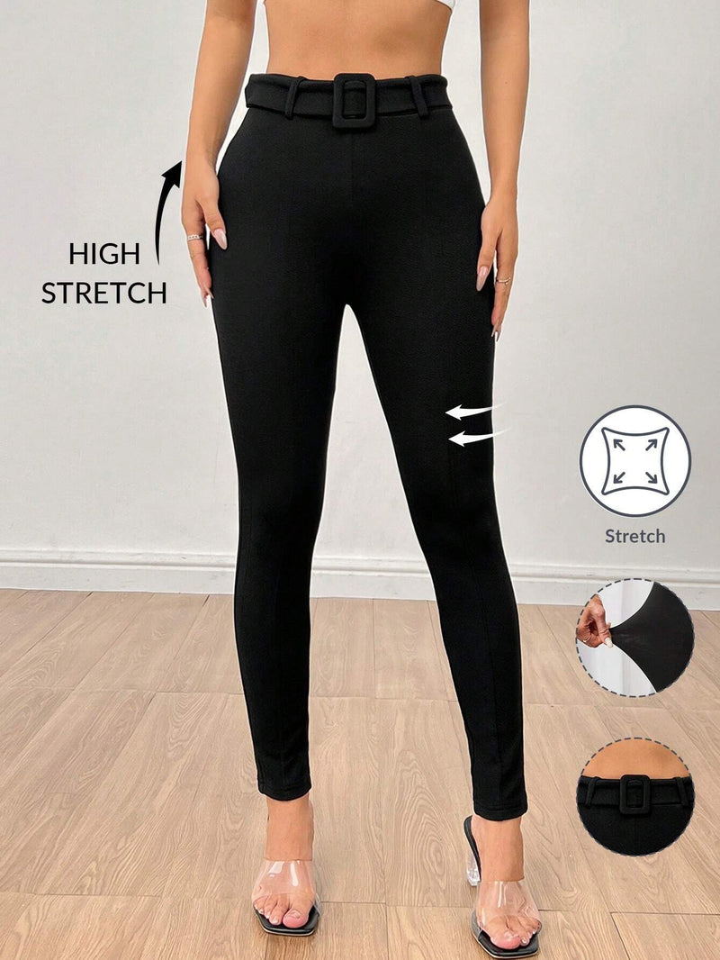 PETITE Pantalones de mujer negros ajustados con cintura alta y cinturon