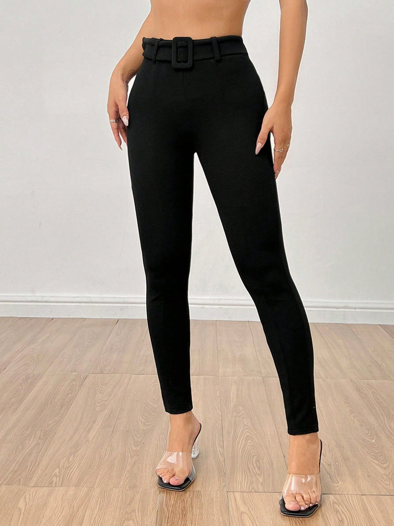 PETITE Pantalones de mujer negros ajustados con cintura alta y cinturon