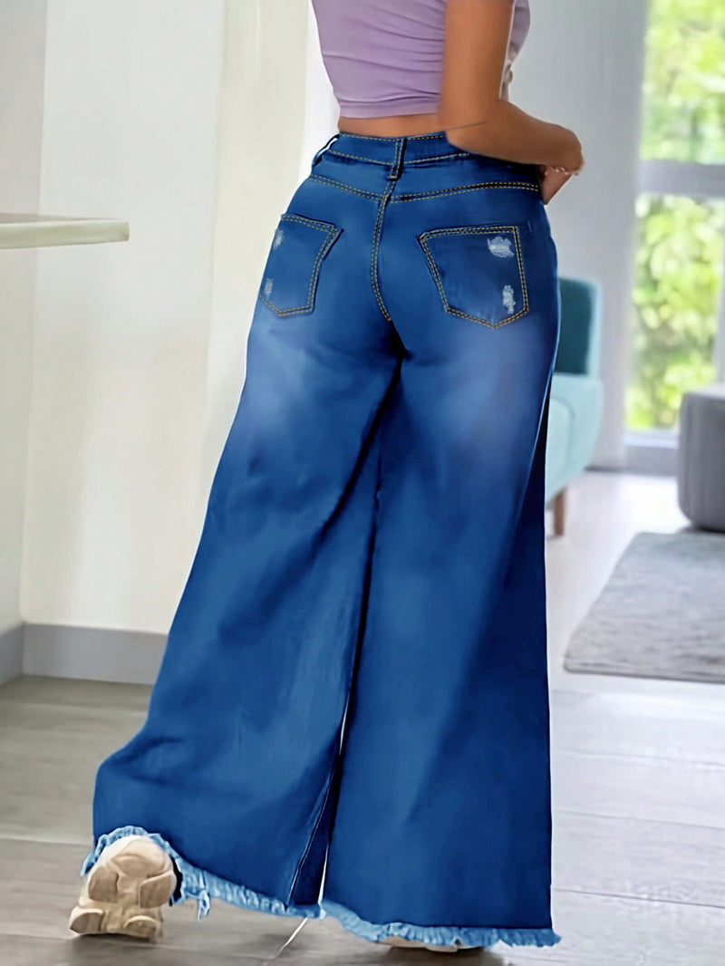 Jeans de pierna ancha casuales y holgados para mujer con bolsillos desgastados